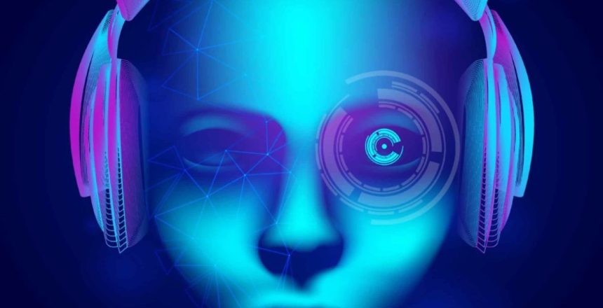 Neon cyber dj or robot head with outline electronic headphones wireframe. Artificial intelligence vector illustration with abstract human face in technology line art style on dark blue background